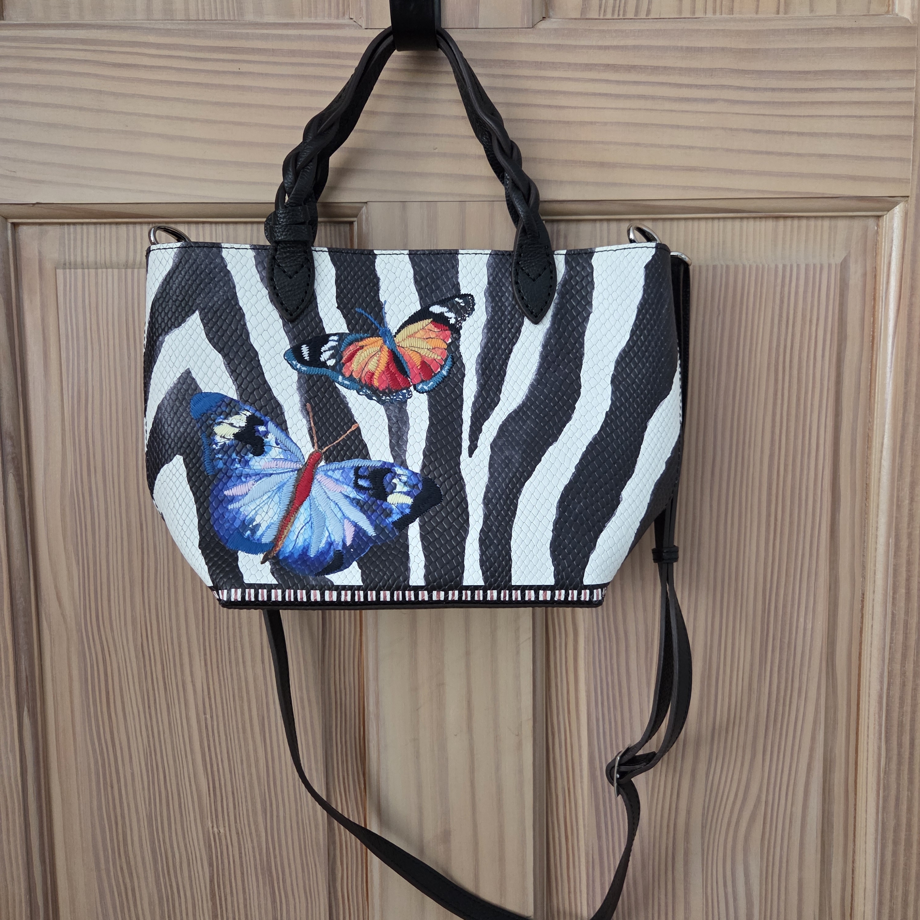 Brighton Black And White Zebra Print Shoulder Bag With Colorful Butterflies